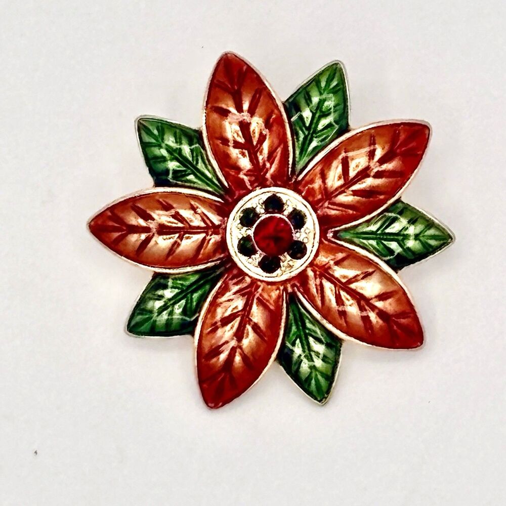 Vintage Enamel Christmas Red Poinsettia Gold Tone Brooch with Rhinestones